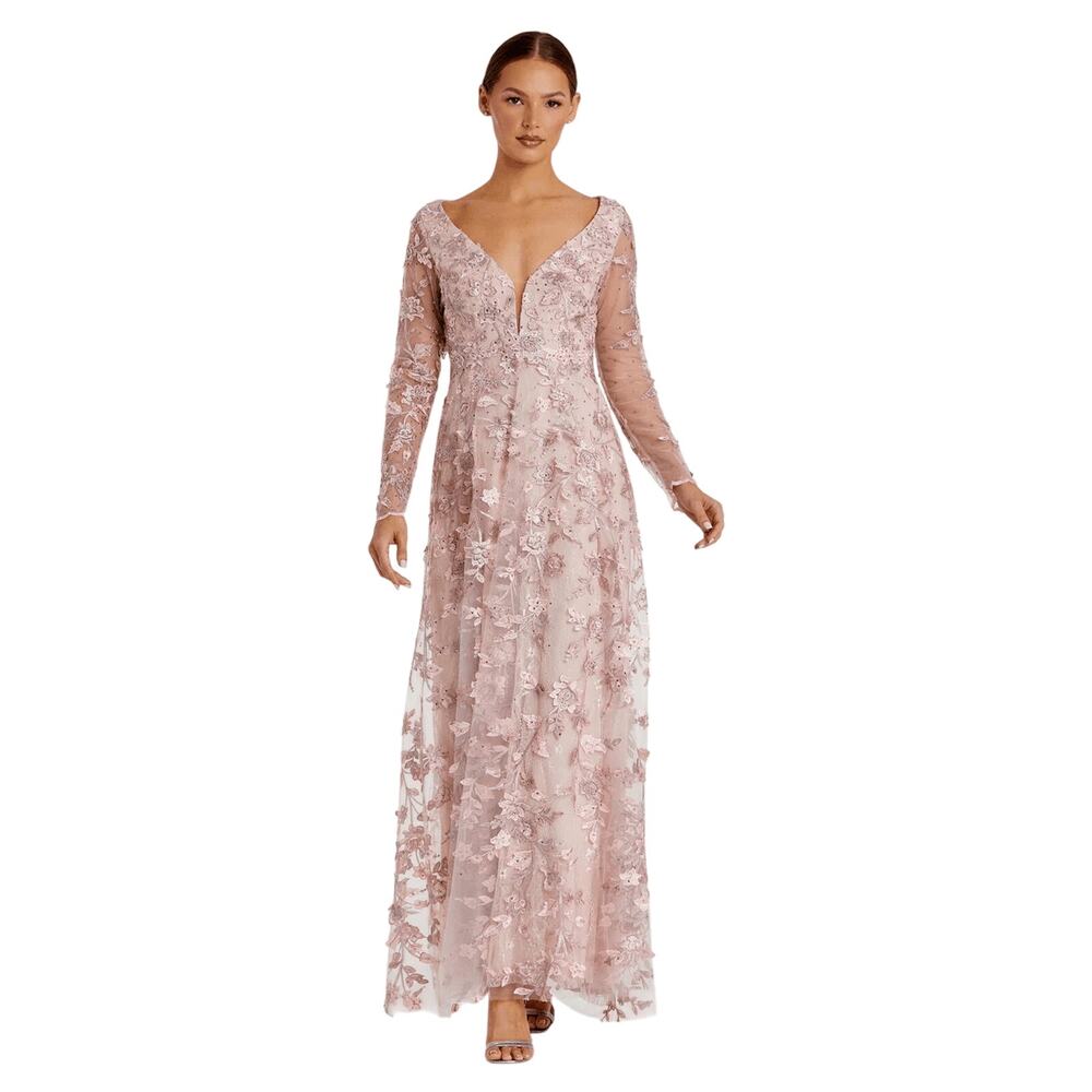 Mac Duggal NWT Floral Applique Long Sleeve Illusion Dress in Rose Pink Size 6